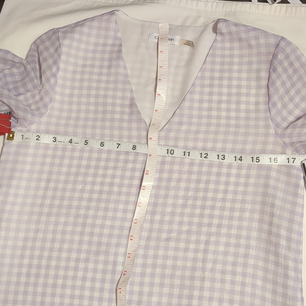 Calvin Klein Women Purple/White-V Neck Blouse 3/4 Sleeves Gingham check Size S - Picture 10 of 11